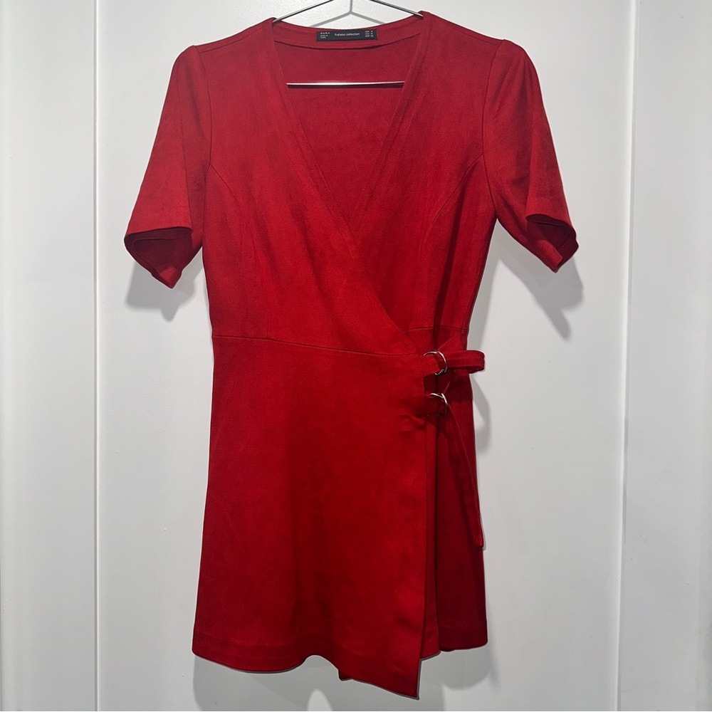 Zara Red faux suede wrap dress with belt